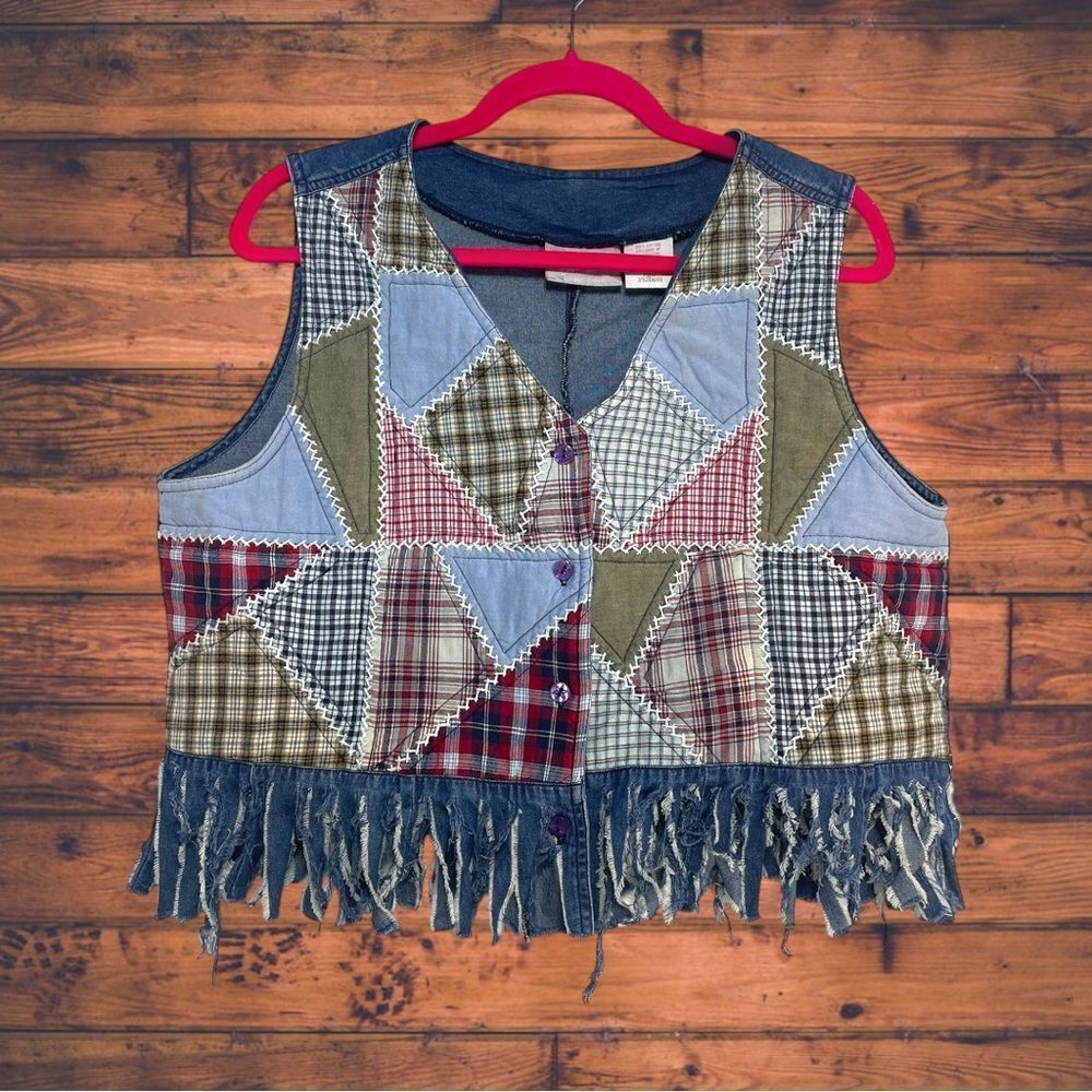 Blair Patchwork Fringe Vest in Blue, Red, Green, Tan